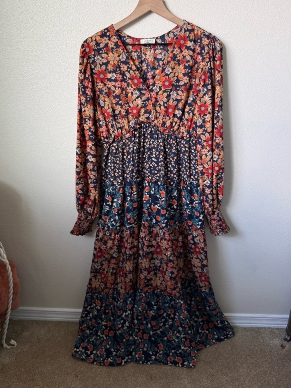 Umgee Floral Maxi Dress in Blue & Orange Size Medium